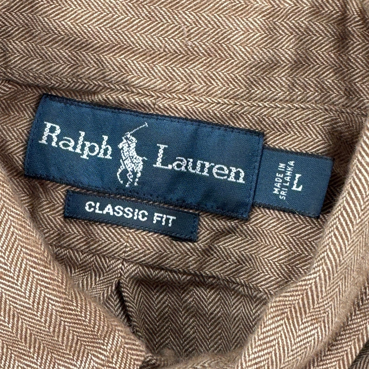 Ralph Lauren Shirt Brown Button Down Herringbone Classic Fit Long Sleeve mens L