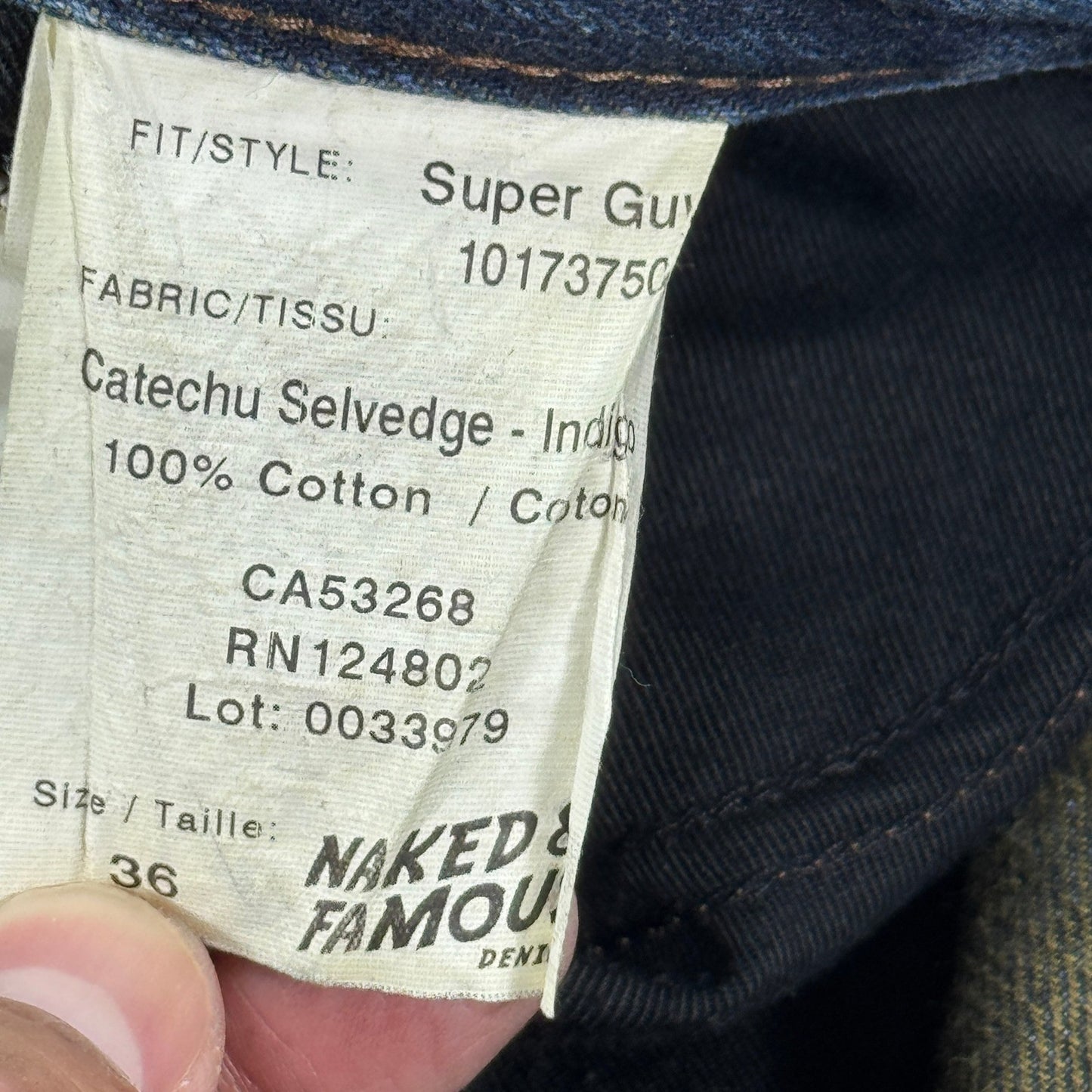 Naked & Famous Denim Jeans Super Guy Catechu Selvedge Indigo mens Size 36 Blue