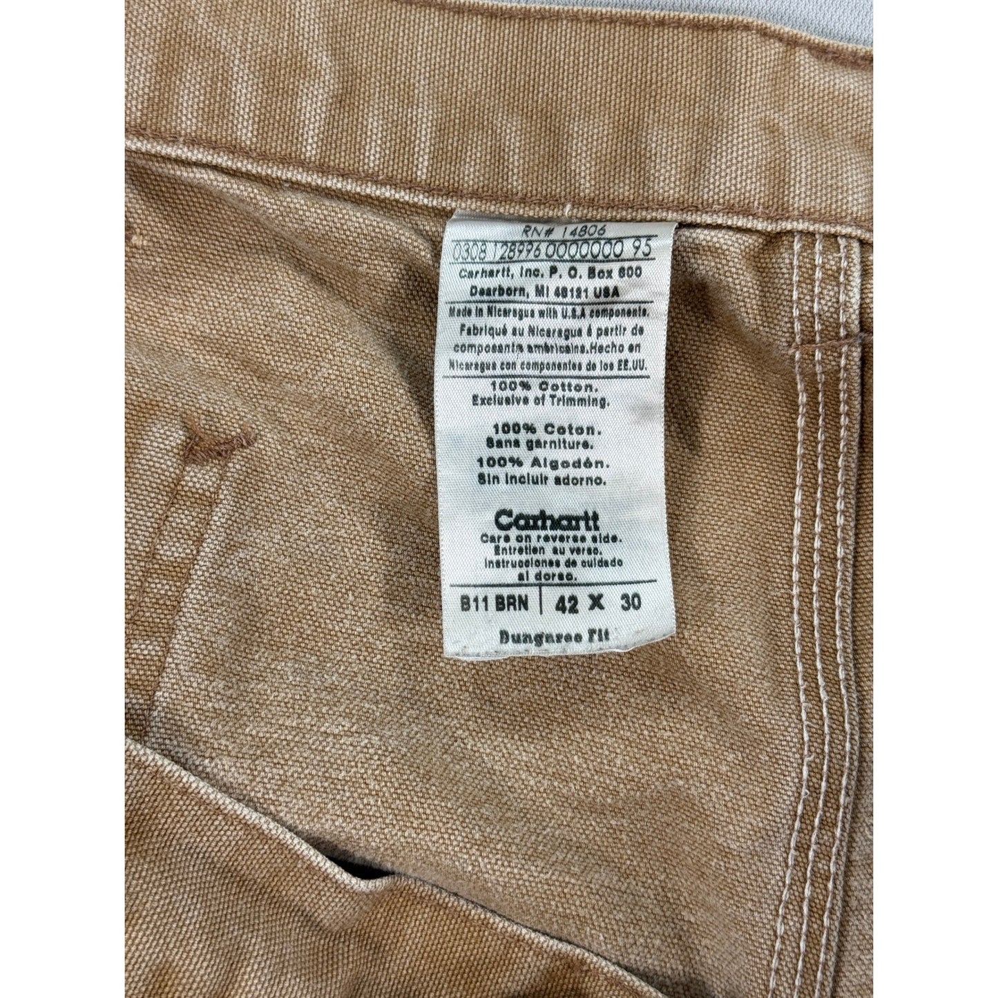 Carhartt B11 BRN Dungaree Fit Work Pants mens 42x30 Brown Distressed Carpenter