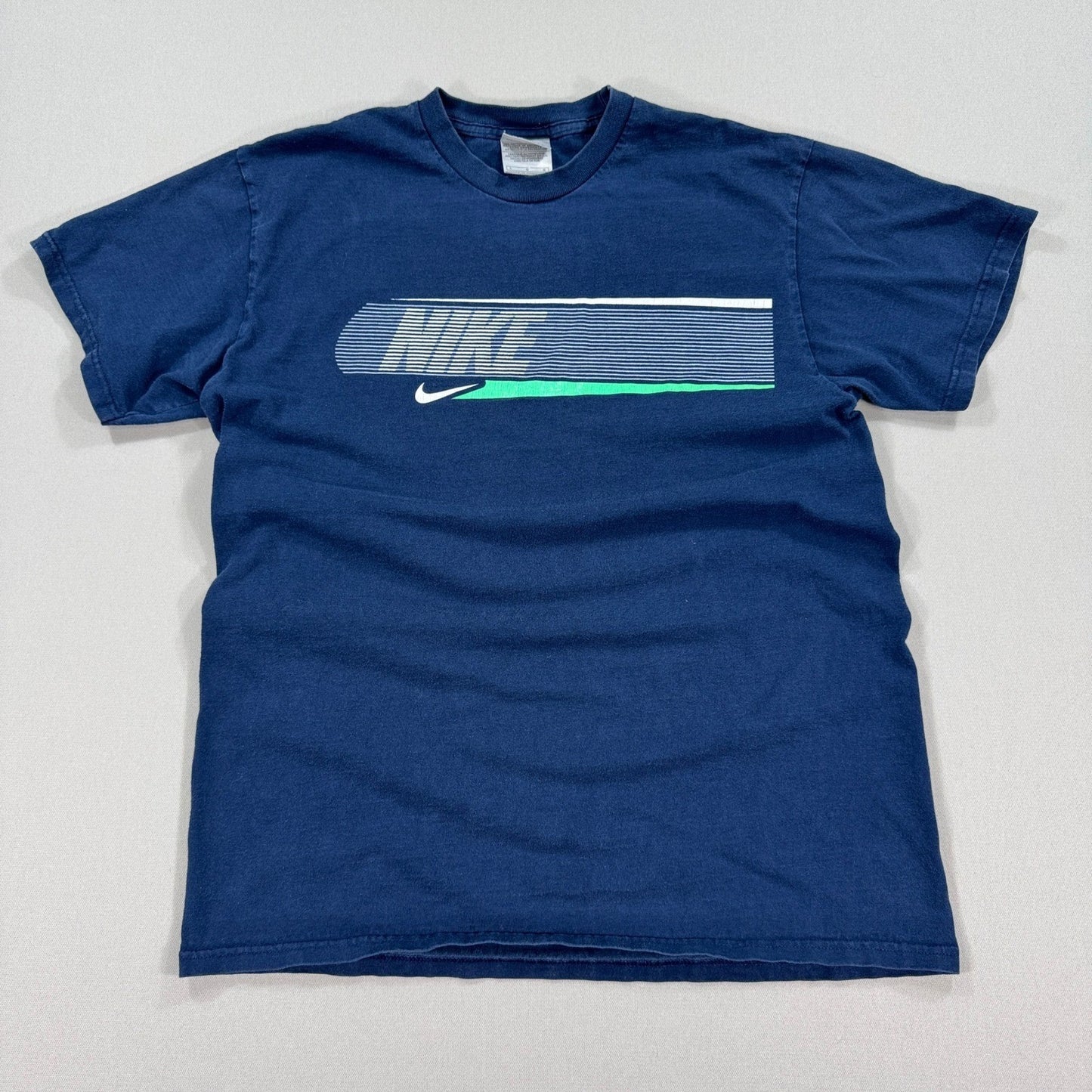 Vintage Nike T-Shirt mens Large Blue Swoosh Logo Graphic Print Crewneck Y2K