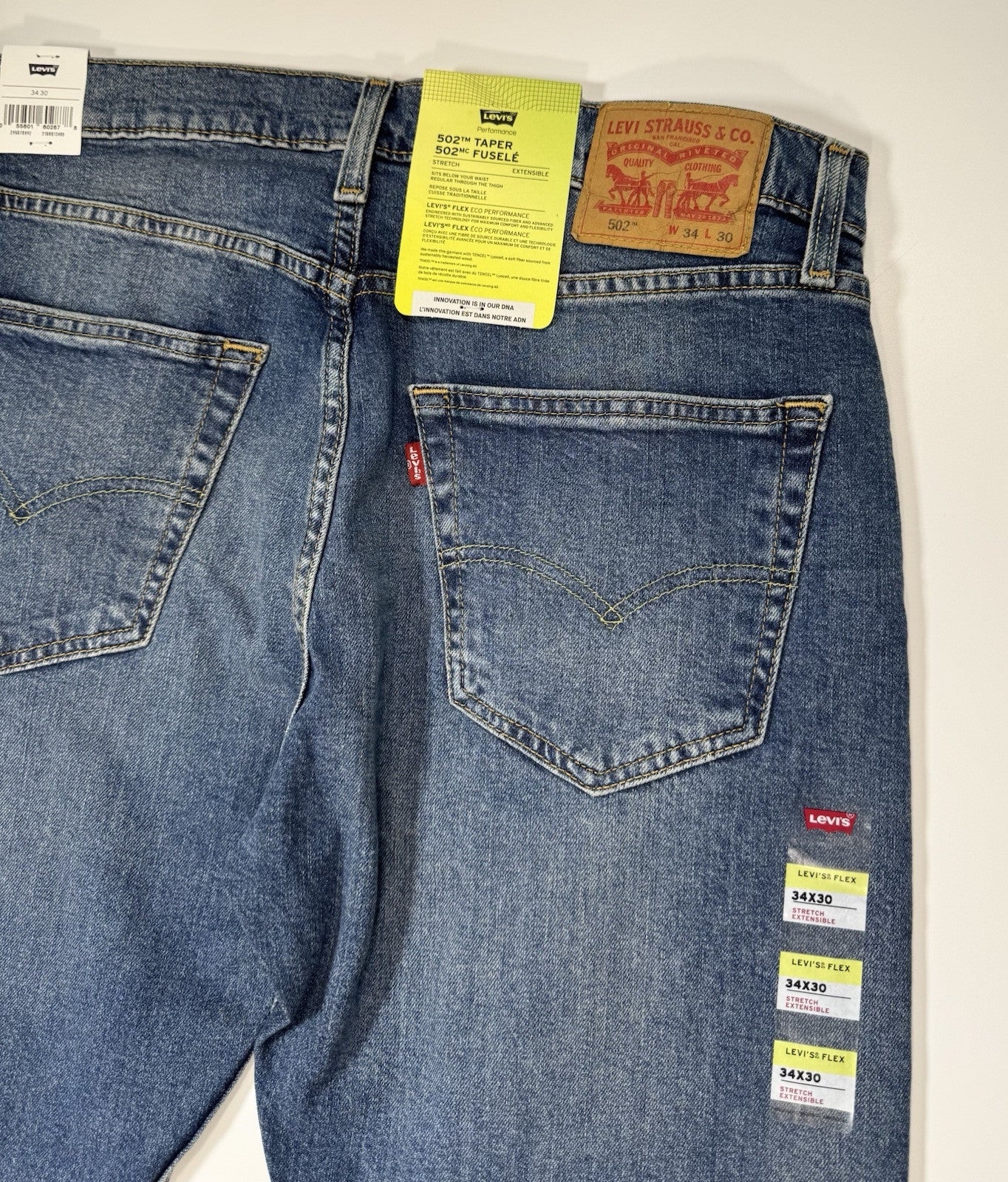 Levis 502 Washed Blue Stretch Denim Tapered Jeans Size 34x30 Msrp $99.95 Levi’s