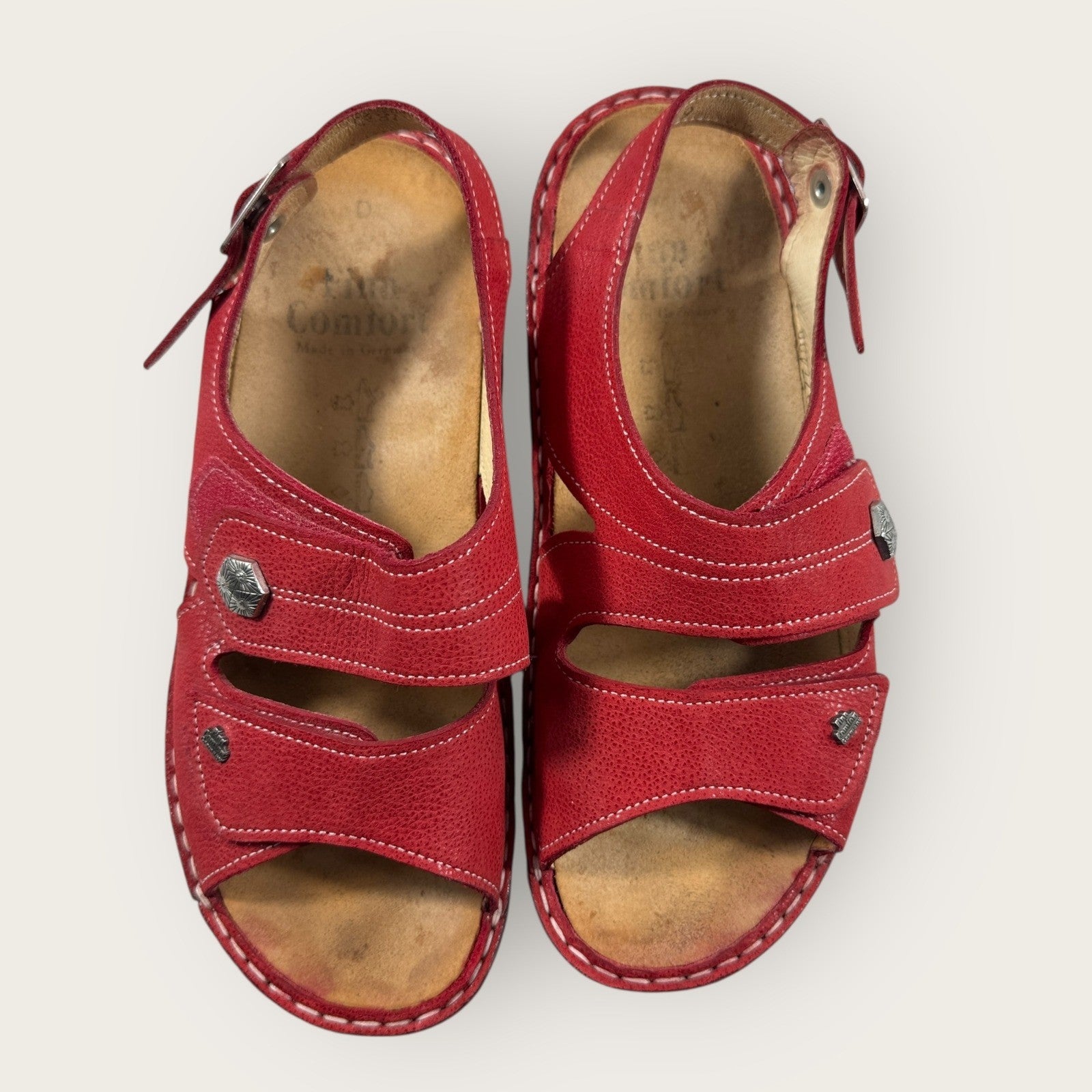 Finn Comfort Sandals Leather Womens Size 37 Red Hook & Loop Straps