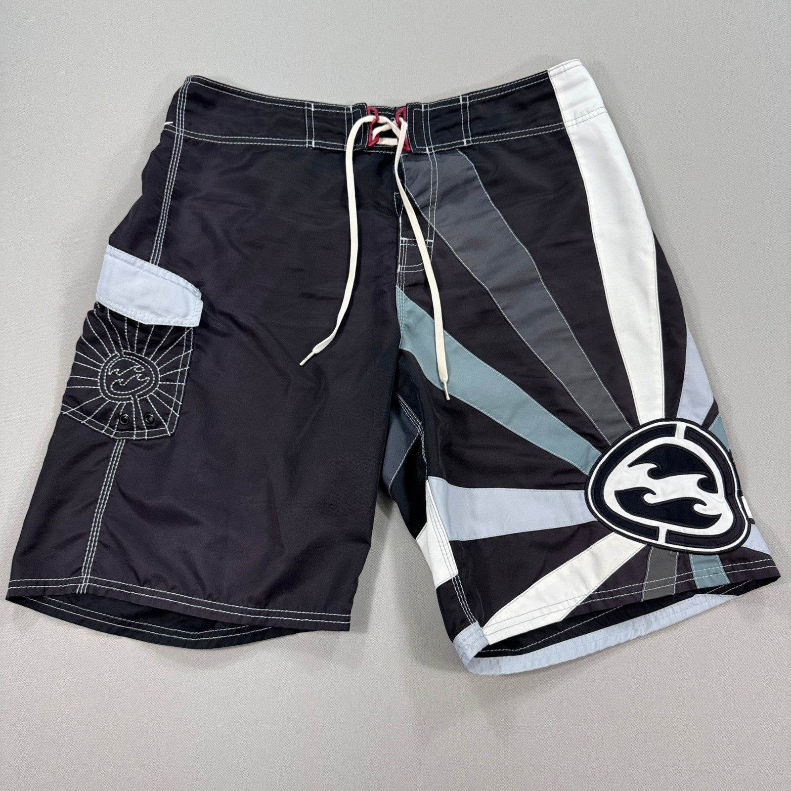 VTG Billabong Board Shorts Andy Irons Rising Sun mens Size 36 Black Gray Y2K