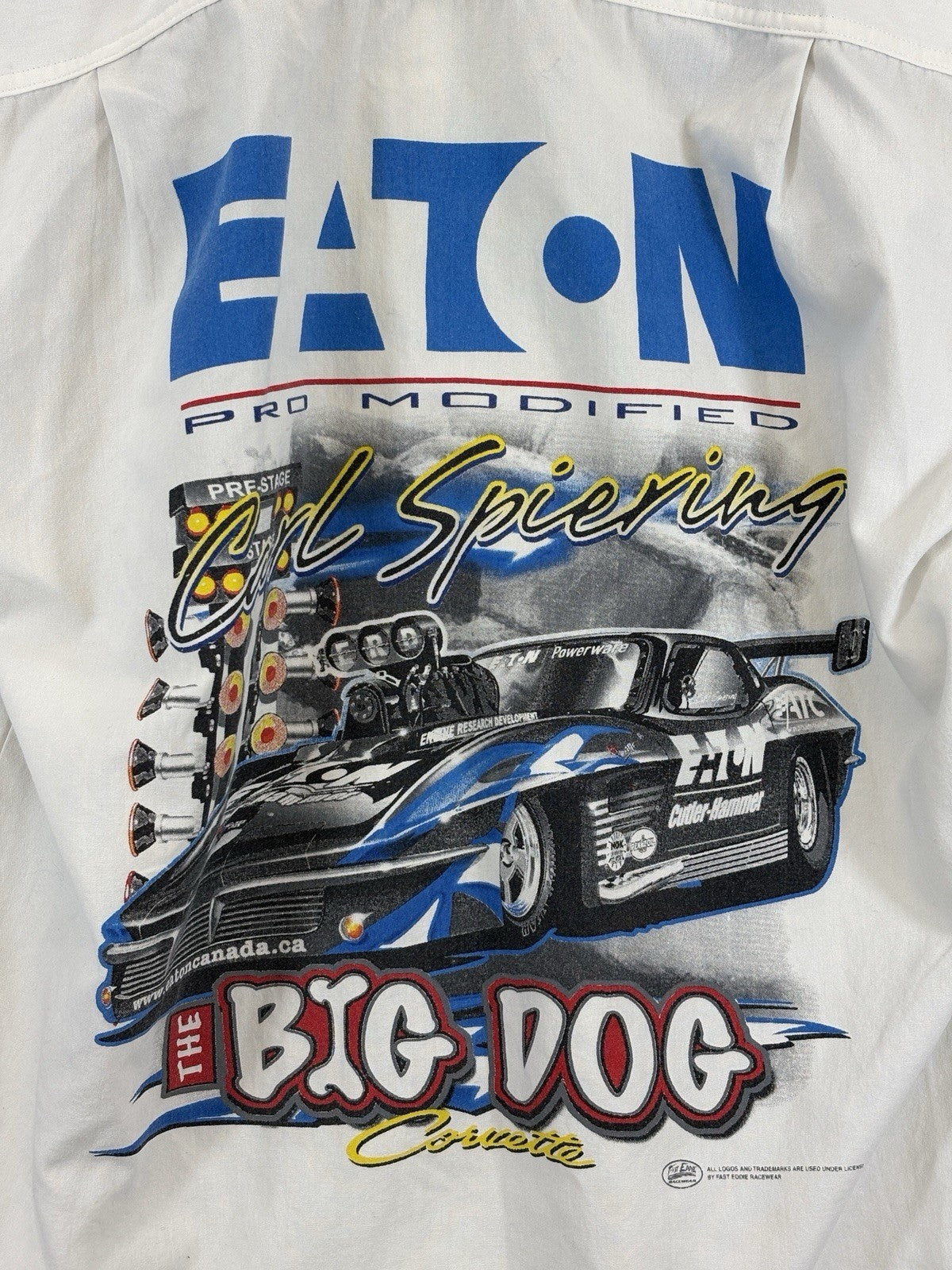 Choko Mens Large Eaton Pro Modified Racing 'The Big Dog' White Button Down Shirt