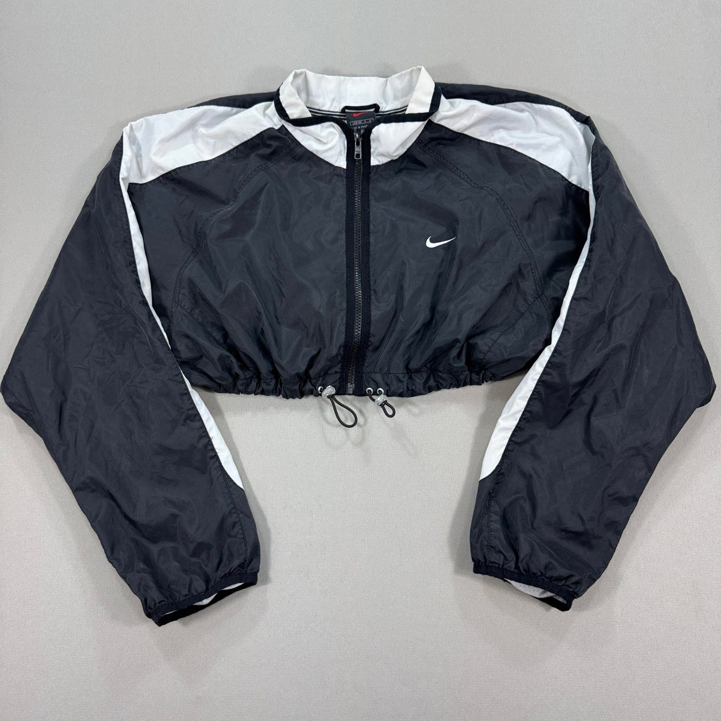 Vintage 90s Nike Cropped Jacket Womens Large Back Spell Out Black Full Zip