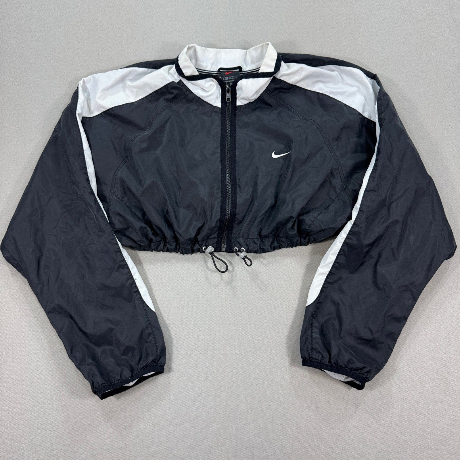 Vintage 90s Nike Cropped Jacket Womens Large Back Spell Out Black Full Zip