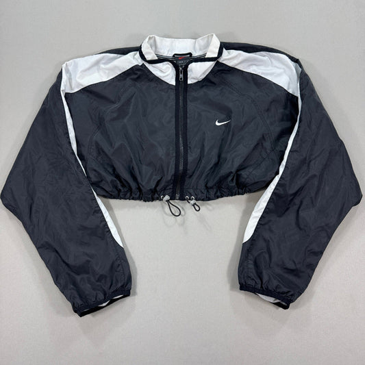 Vintage 90s Nike Cropped Jacket Womens Large Back Spell Out Black Full Zip