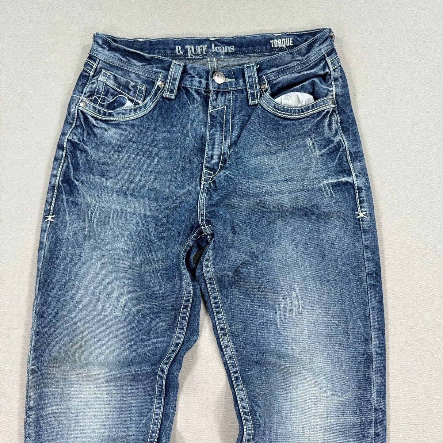 B. Tuff Jeans Revved Up mens 30x30 Blue Denim Distressed Boot Cut Medium Wash