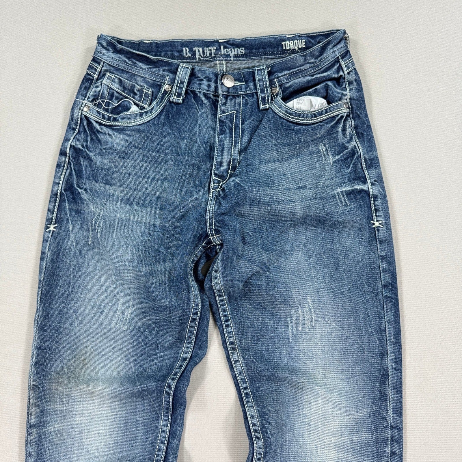 B. Tuff Jeans Revved Up mens 30x30 Blue Denim Distressed Boot Cut Medium Wash