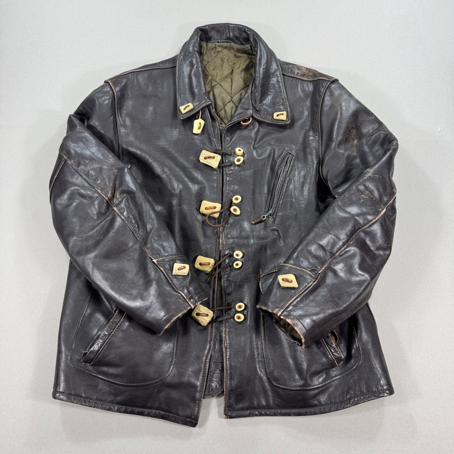 Vintage Super RARE Schott Bros Leather Coat Toggle Closure Mens Large Dark Brown