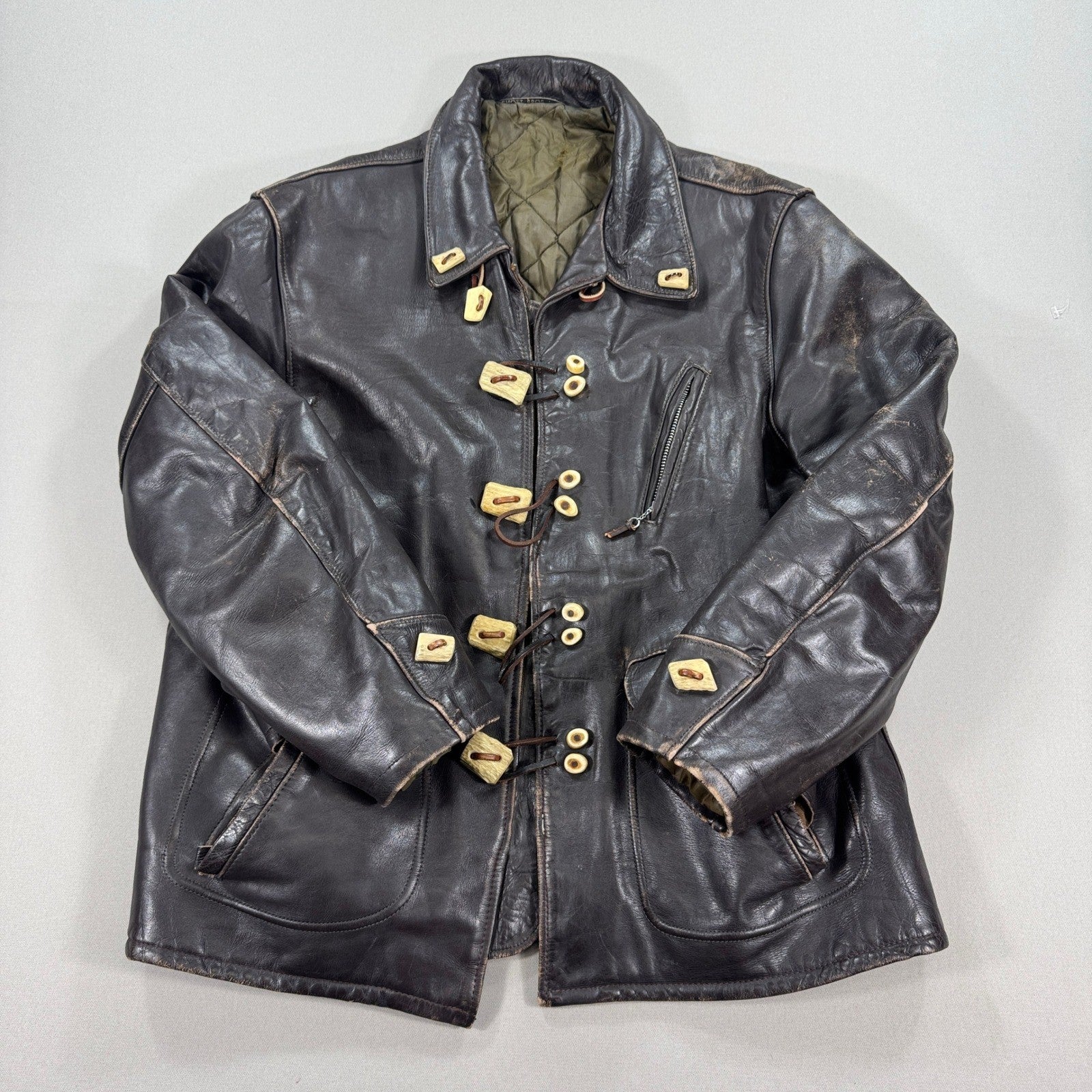 Vintage Super RARE Schott Bros Leather Coat Toggle Closure Mens Large Dark Brown