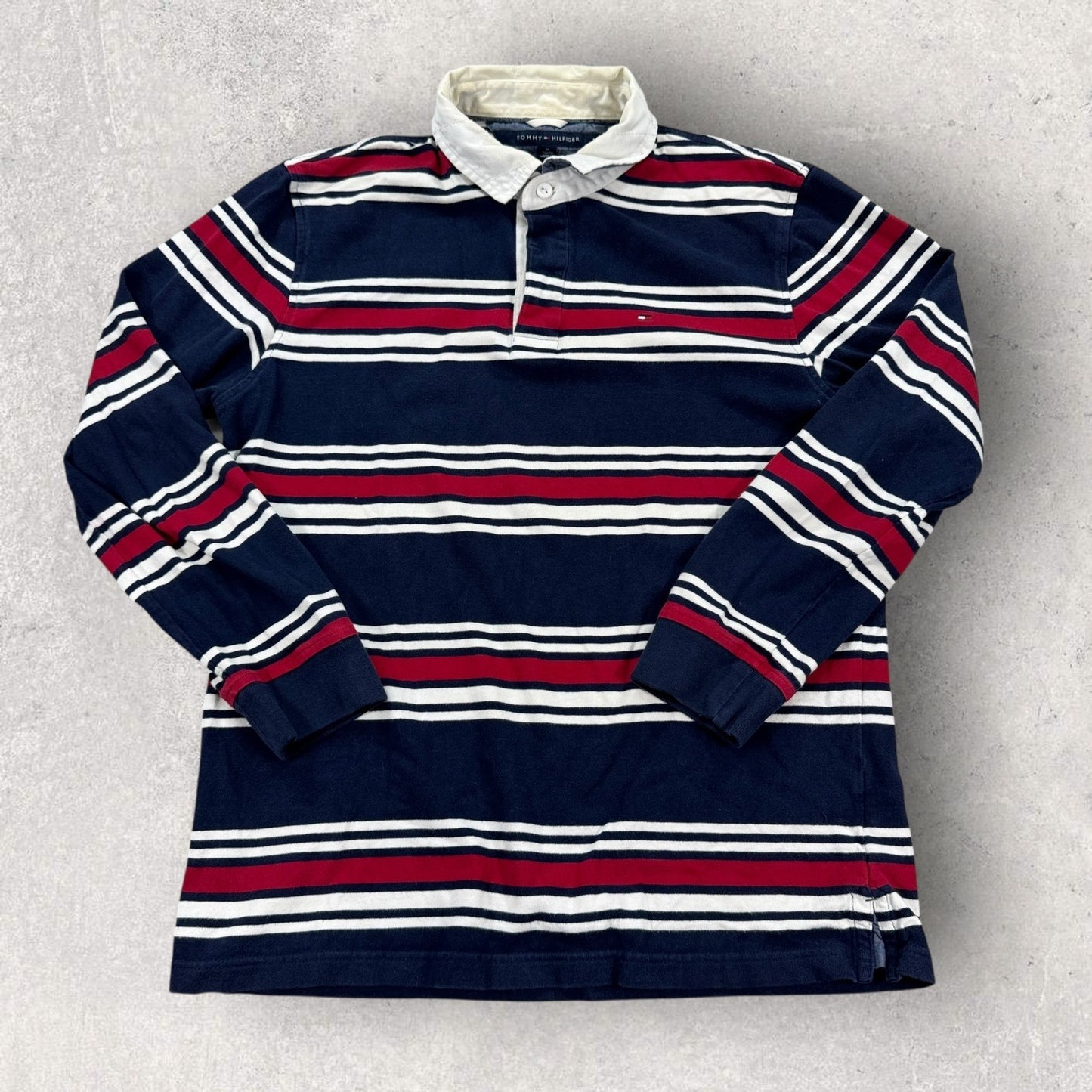 Tommy Hilfiger Polo Rugby Shirt Custom Fit Long Sleeve mens XL Navy Striped