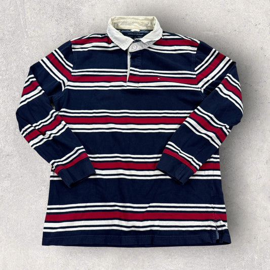 Tommy Hilfiger Polo Rugby Shirt Custom Fit Long Sleeve mens XL Navy Striped
