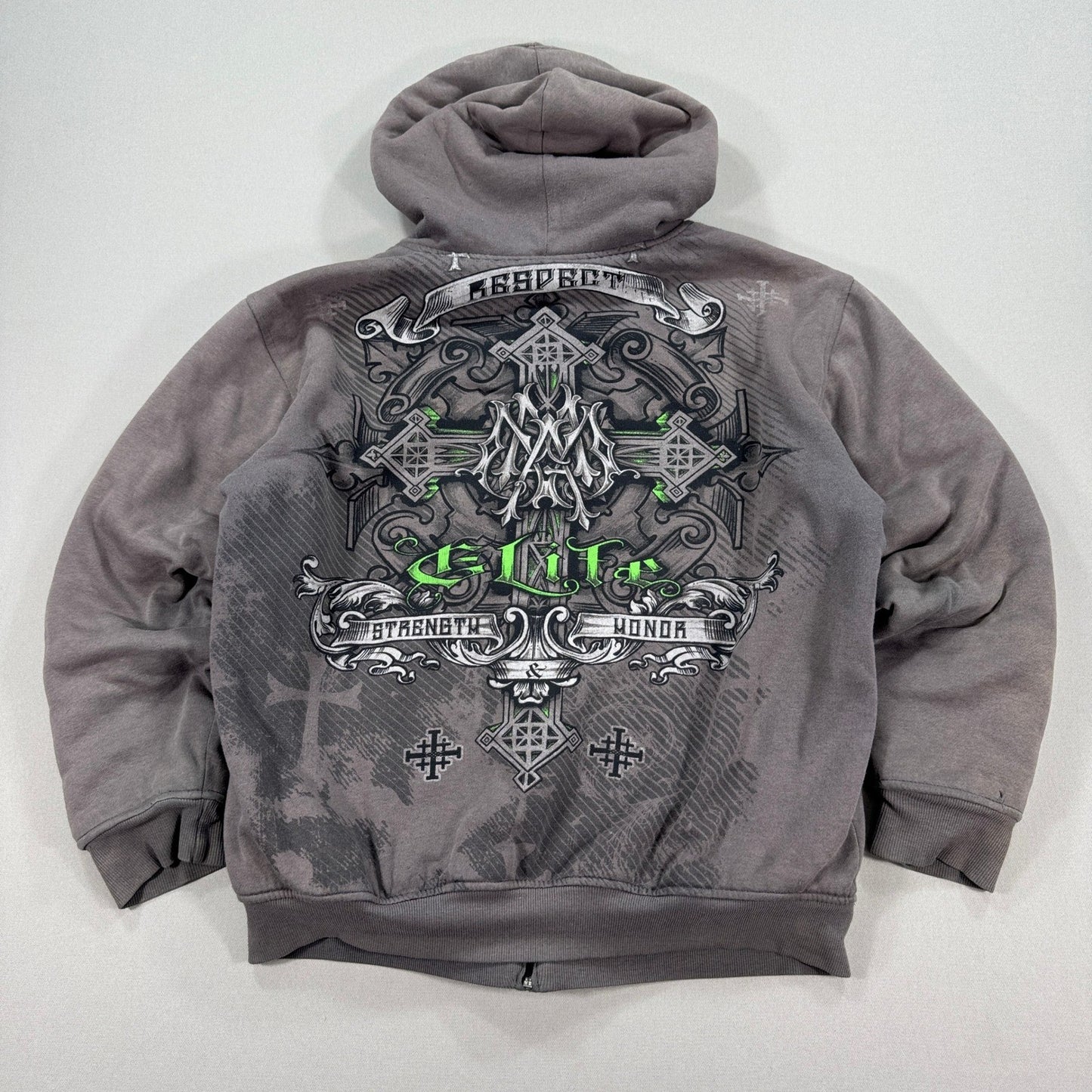 Vintage MMA Elite Hoodie Jacket Sherpa Lined Zip Up mens Large Cross Print Y2K