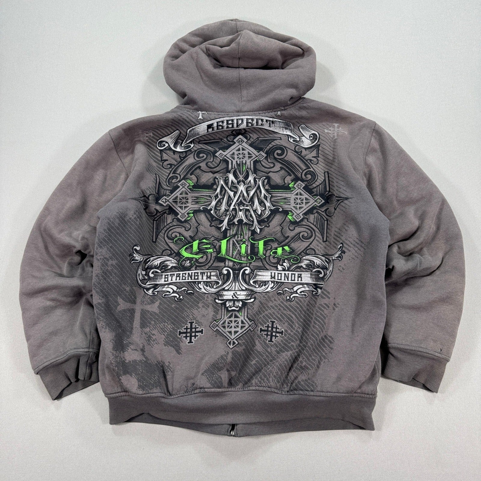 Vintage MMA Elite Hoodie Jacket Sherpa Lined Zip Up mens Large Cross Print Y2K