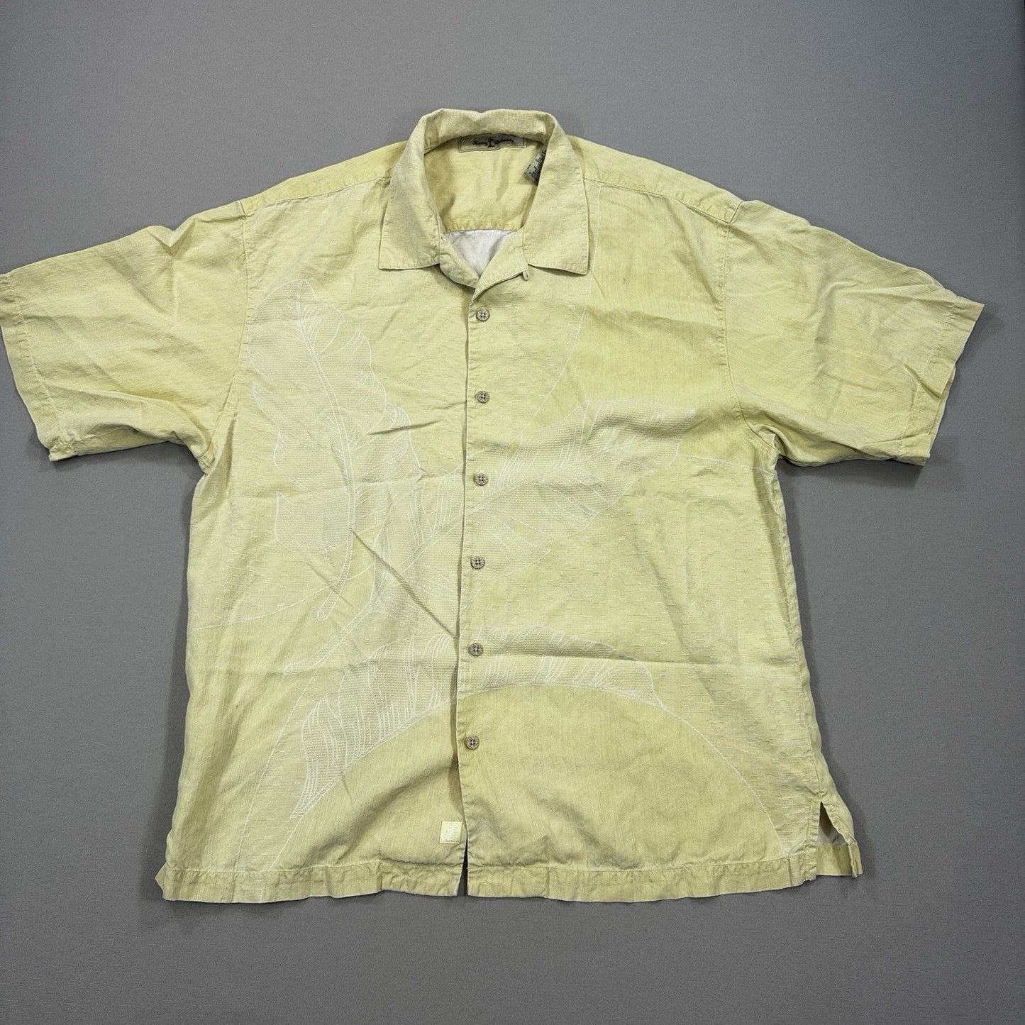 Tommy Bahama Hawaiian Shirt mens XL Yellow Button Up Tropical Beach Silk Blend
