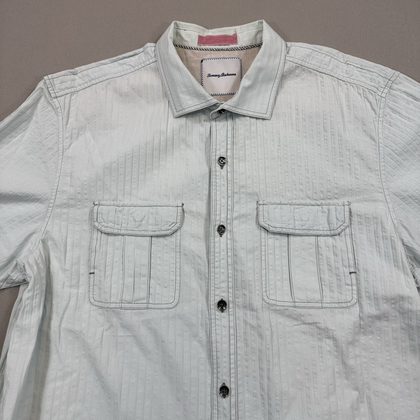 VTG Tommy Bahama Shirt mens Large Green Button Up Beach Silk Beach Short Sleeve