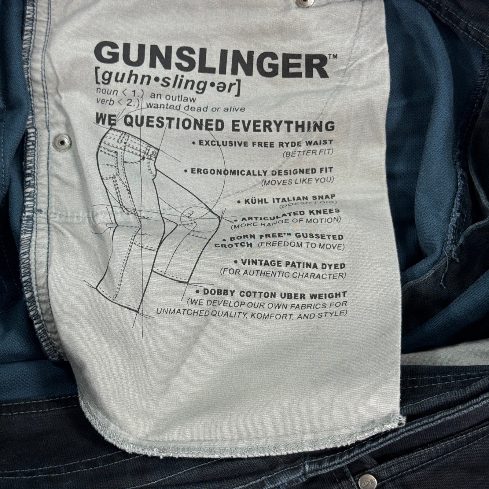 Kuhl Gunslinger Vintage Patina Dyed Jeans Mens 40x32 Indigo Stretch Baggy