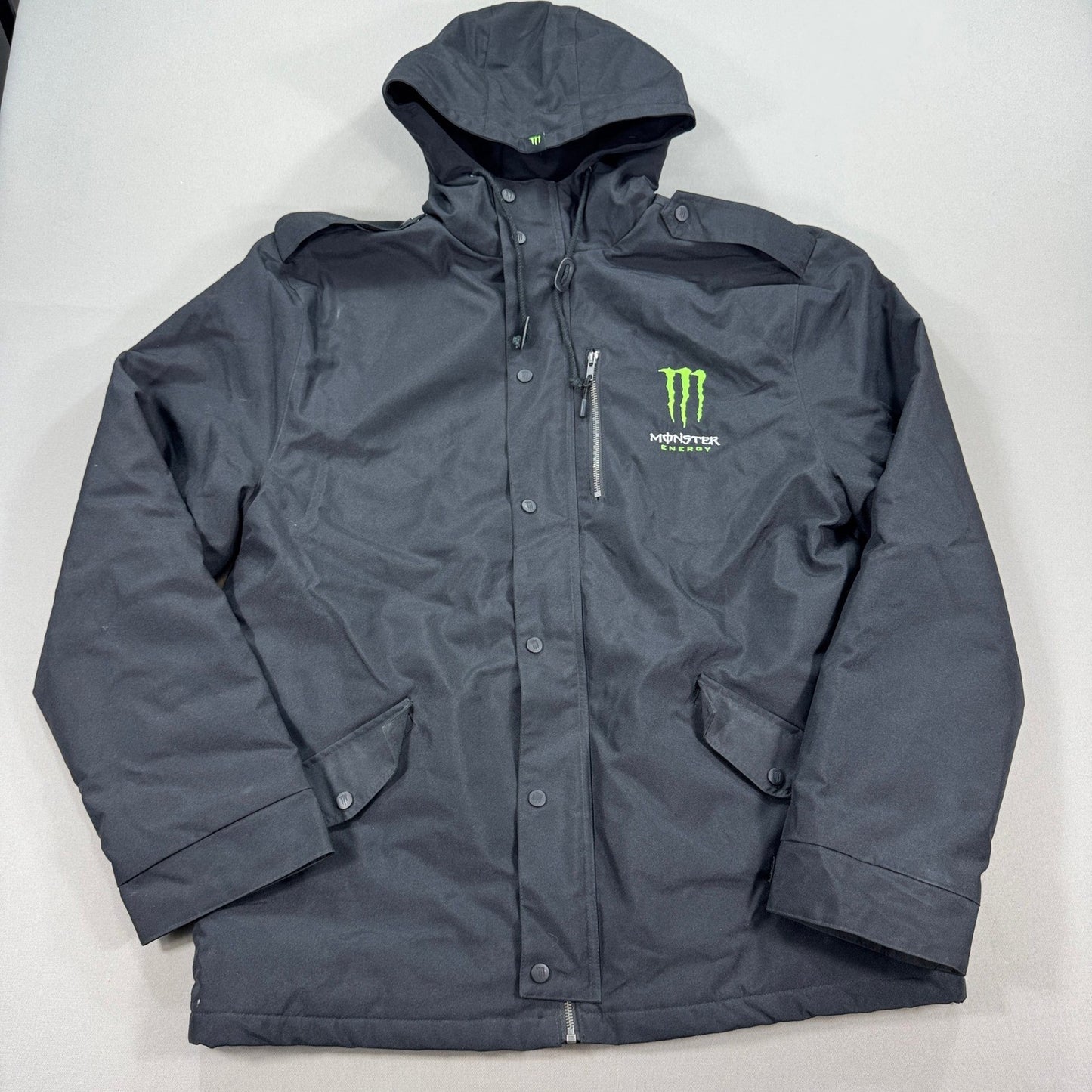 Monster Energy Winter Coat mens XL Black Hooded Fleece Lined Heavy Snap