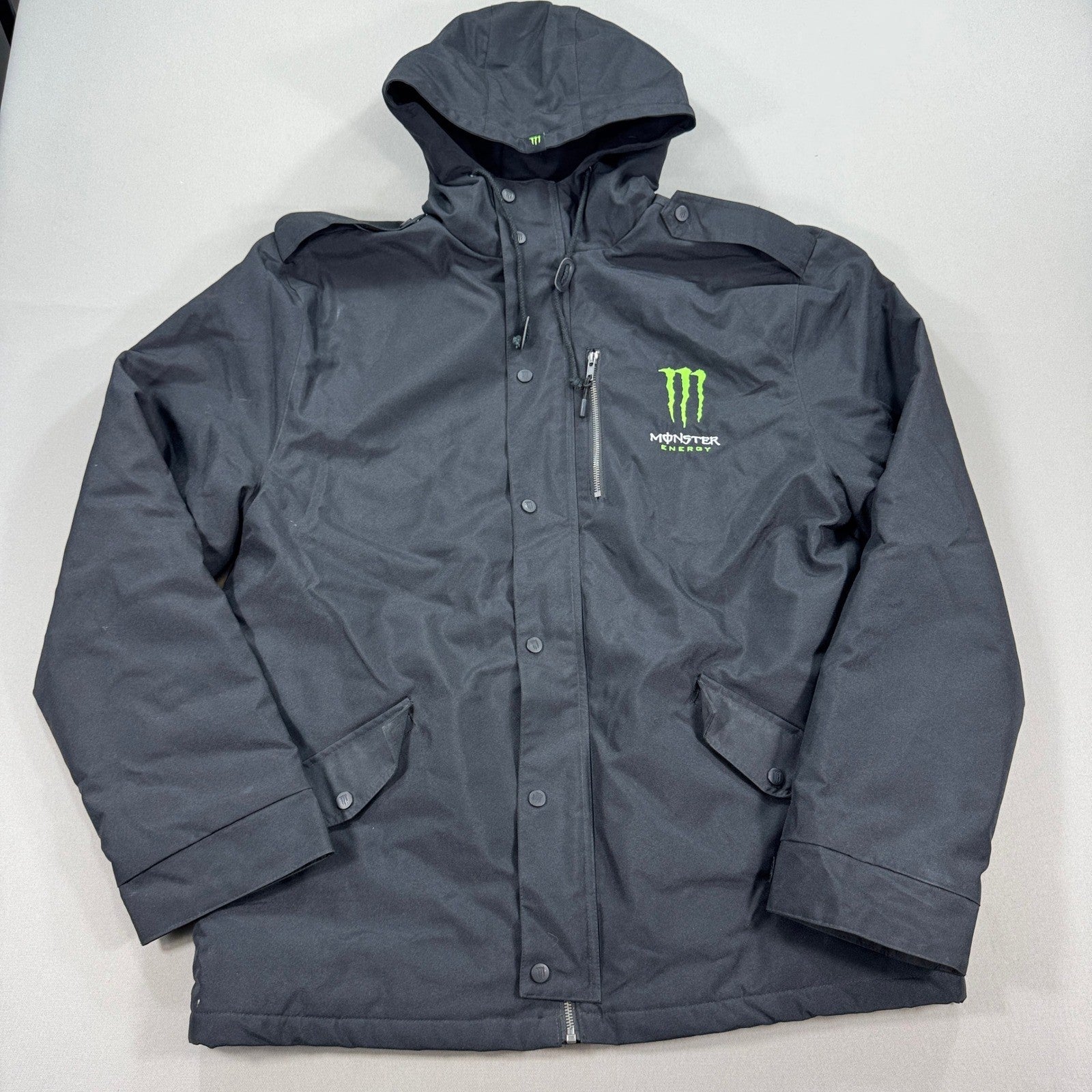 Monster Energy Winter Coat mens XL Black Hooded Fleece Lined Heavy Snap