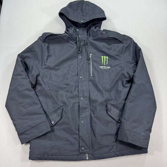 Monster Energy Winter Coat mens XL Black Hooded Fleece Lined Heavy Snap