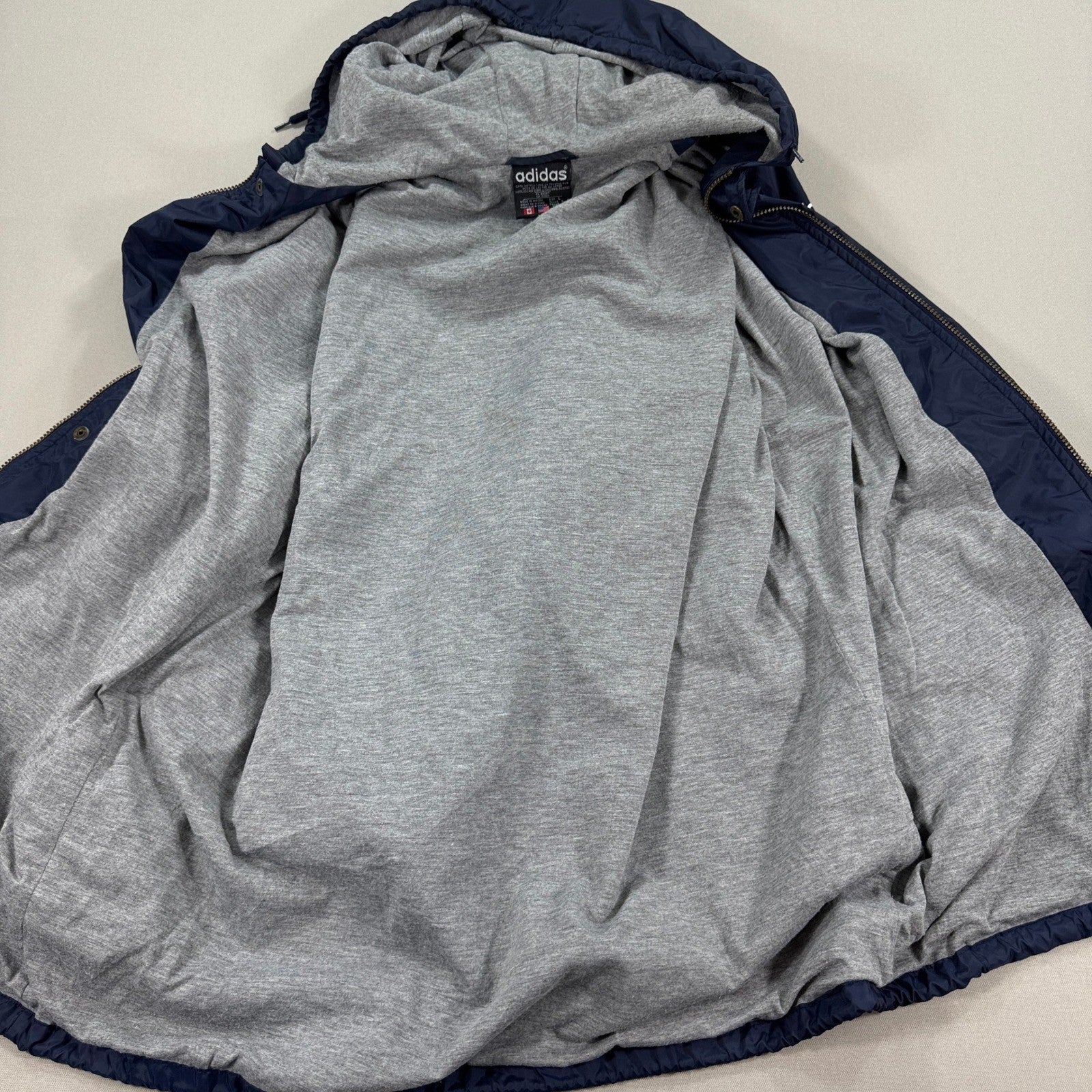 Vintage Adidas Jacket Big Trefoil Logo 3 Striped mens Large Full Zip Hood Lined