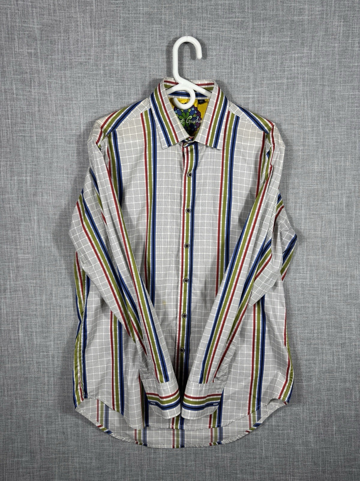 Robert Graham Men Striped Flip Cuff  Green Blue Dress Shirt Size Large 42 16.5