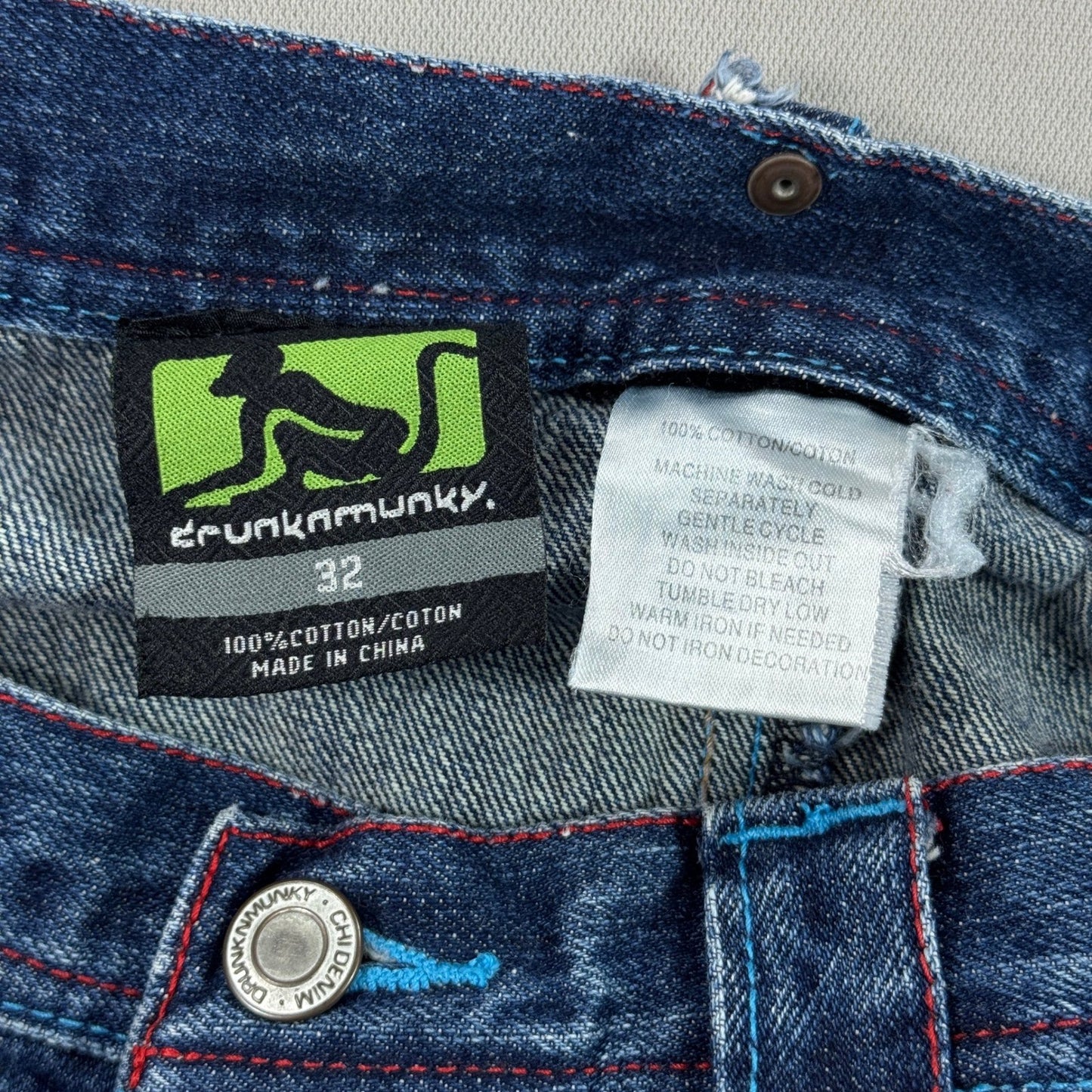 Vintage Drunk Munky Denim Jeans Mens Size 32 Embroidered Wide Leg Y2K