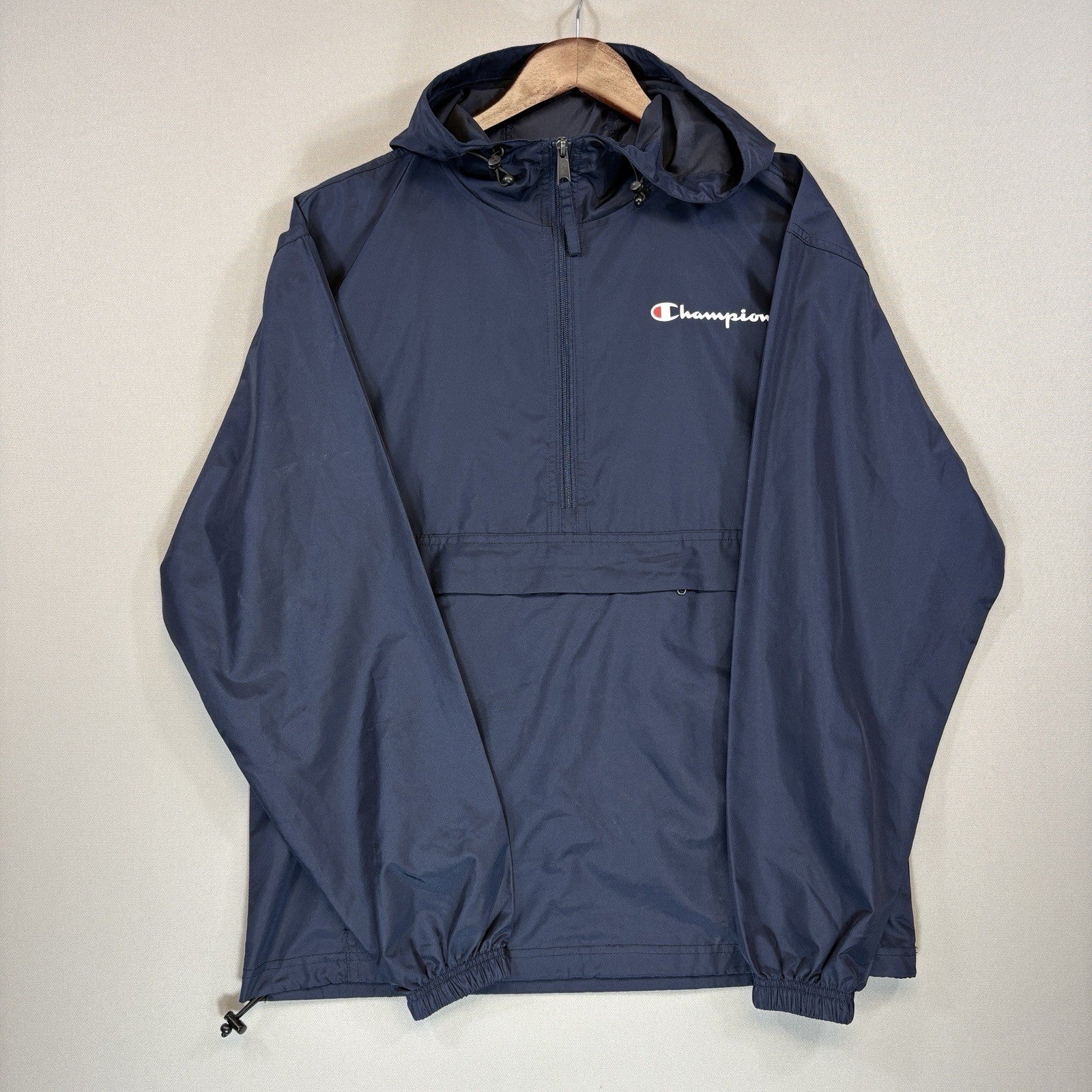 Champion mens Navy Blue Windbreaker Rain Jacket Hooded Pullover Half Zip Small