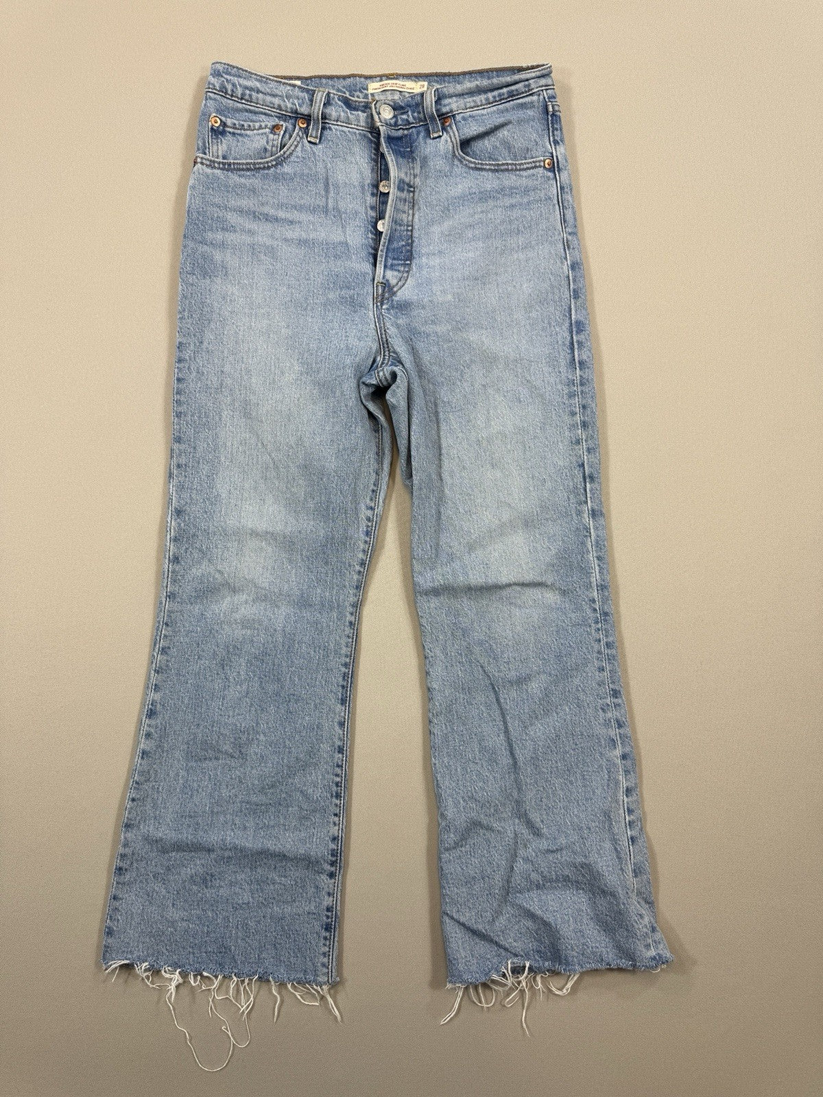 Vintage Levi's Big E Cut Off Crop Flare Womens 28x26 Button Fly Blue Denim Jeans