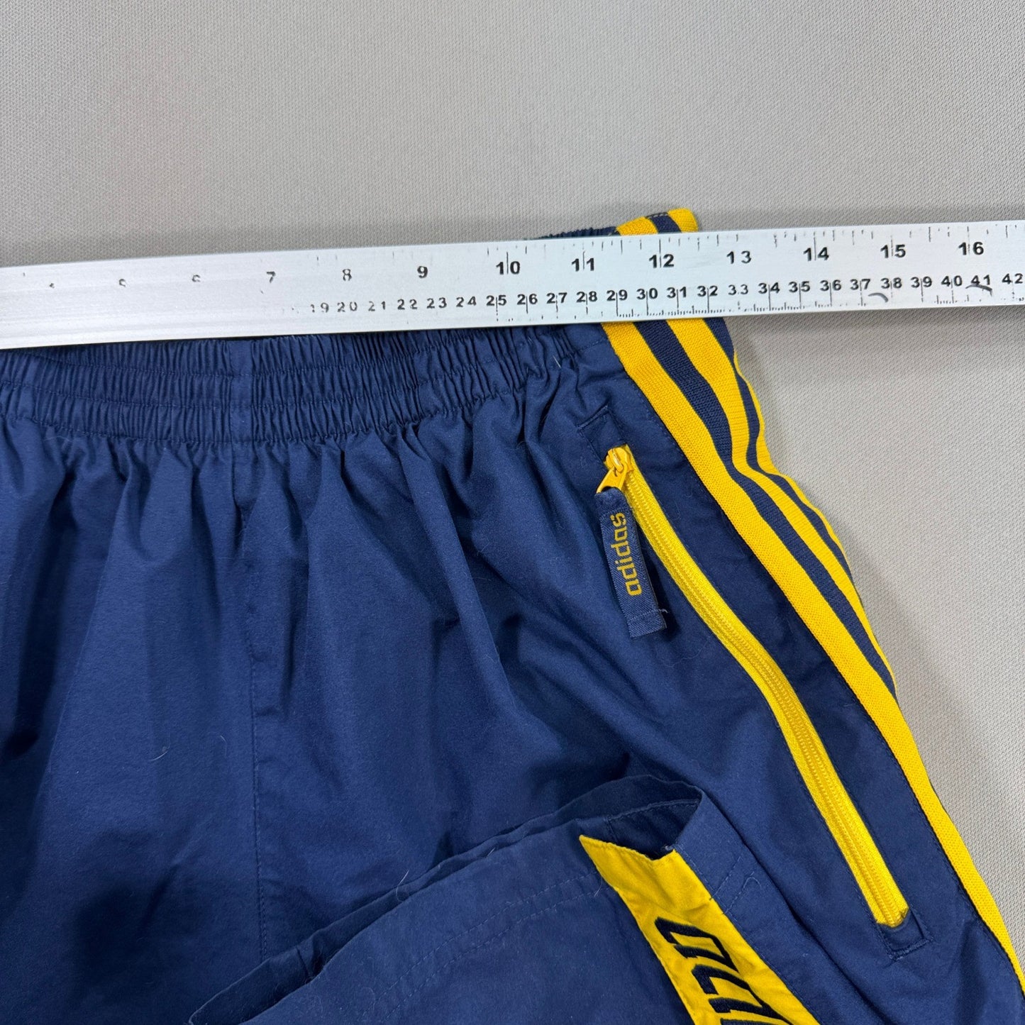 VTG Adidas Track Pants Snap Button Sides Zip Pocket Youth XL Blue Yellow Trefoil