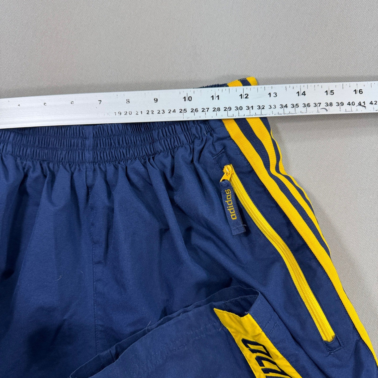 VTG Adidas Track Pants Snap Button Sides Zip Pocket Youth XL Blue Yellow Trefoil