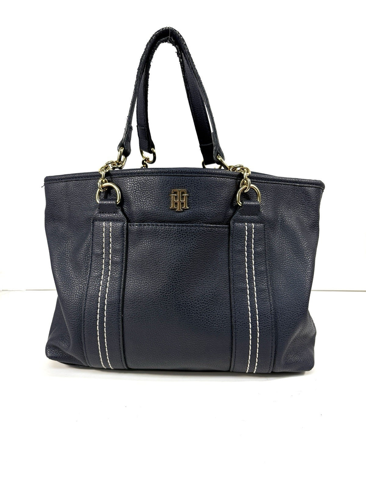 TOMMY HILFIGER Womens Black Leather Handbag Shopper Medium Satchel Tote Bag