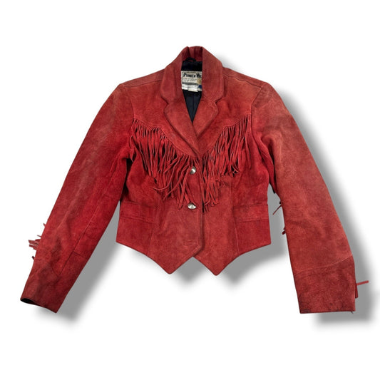 Vintage Pioneer Wear Suede Fringe Jacket Womens Sz 8 Red Cropped Western 70s/80s
