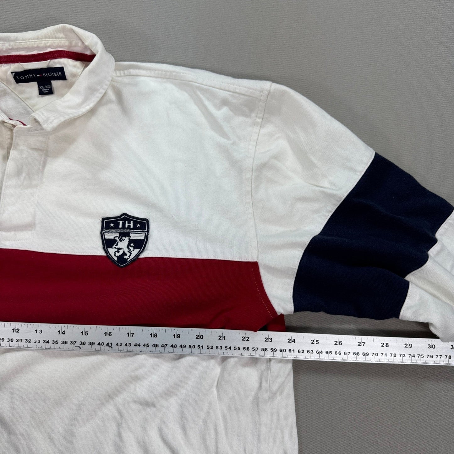 Vintage Tommy Hilfiger Rugby Polo Shirt Long Sleeve mens 2XL White Red Striped