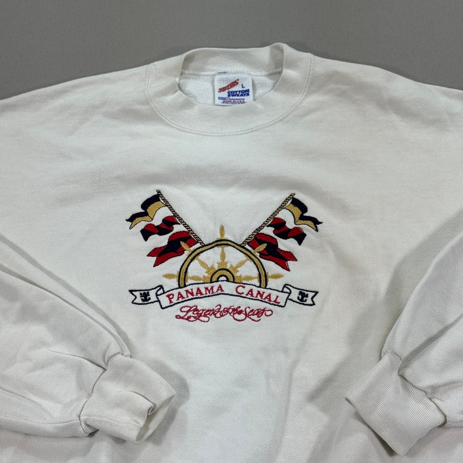 Vintage Jerzees Panama Canal Sweatshirt mens Large White Made in USA Crewneck