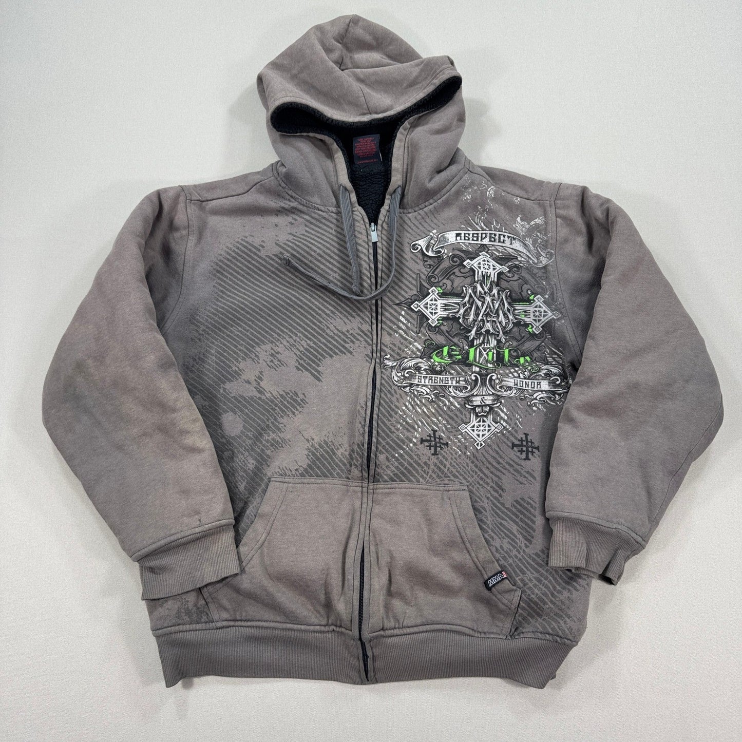 Vintage MMA Elite Hoodie Jacket Sherpa Lined Zip Up mens Large Cross Print Y2K