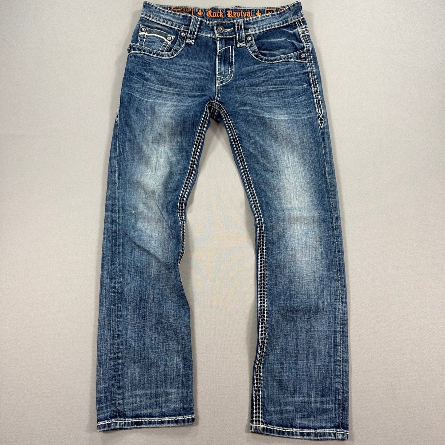 Rock Revival Jeans Bootcut mens Size 31 Blue Denim Distressed Made for Buckle