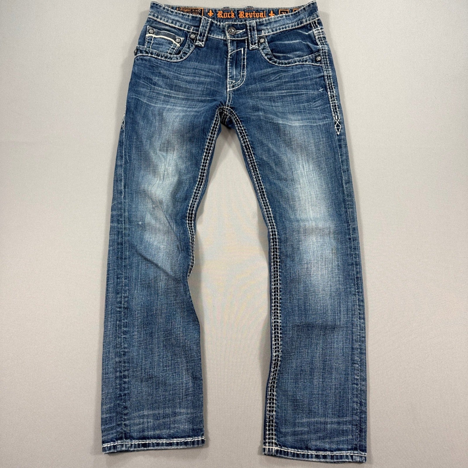 Rock Revival Jeans Bootcut mens Size 31 Blue Denim Distressed Made for Buckle