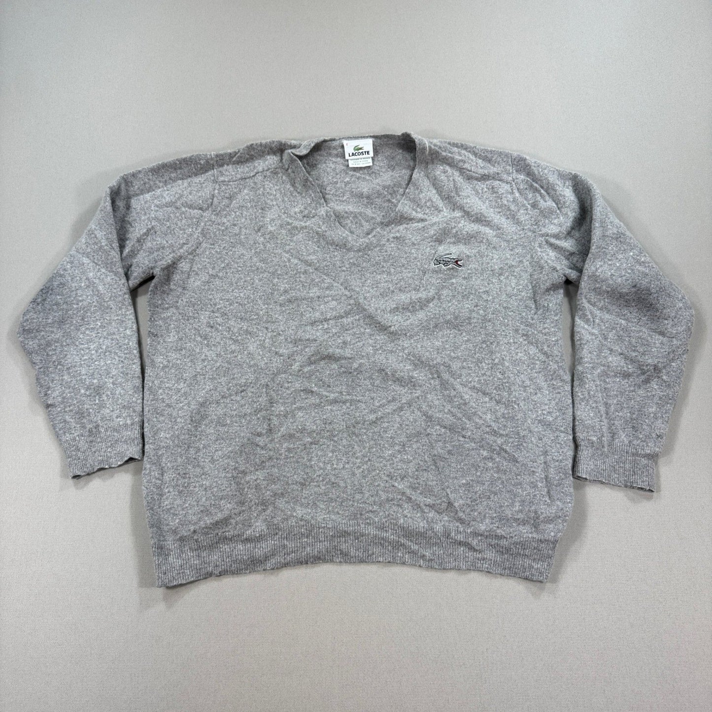 Lacoste V-Neck Sweater mens Size 6 Gray Wool Cashmere Blend Logo Pullover