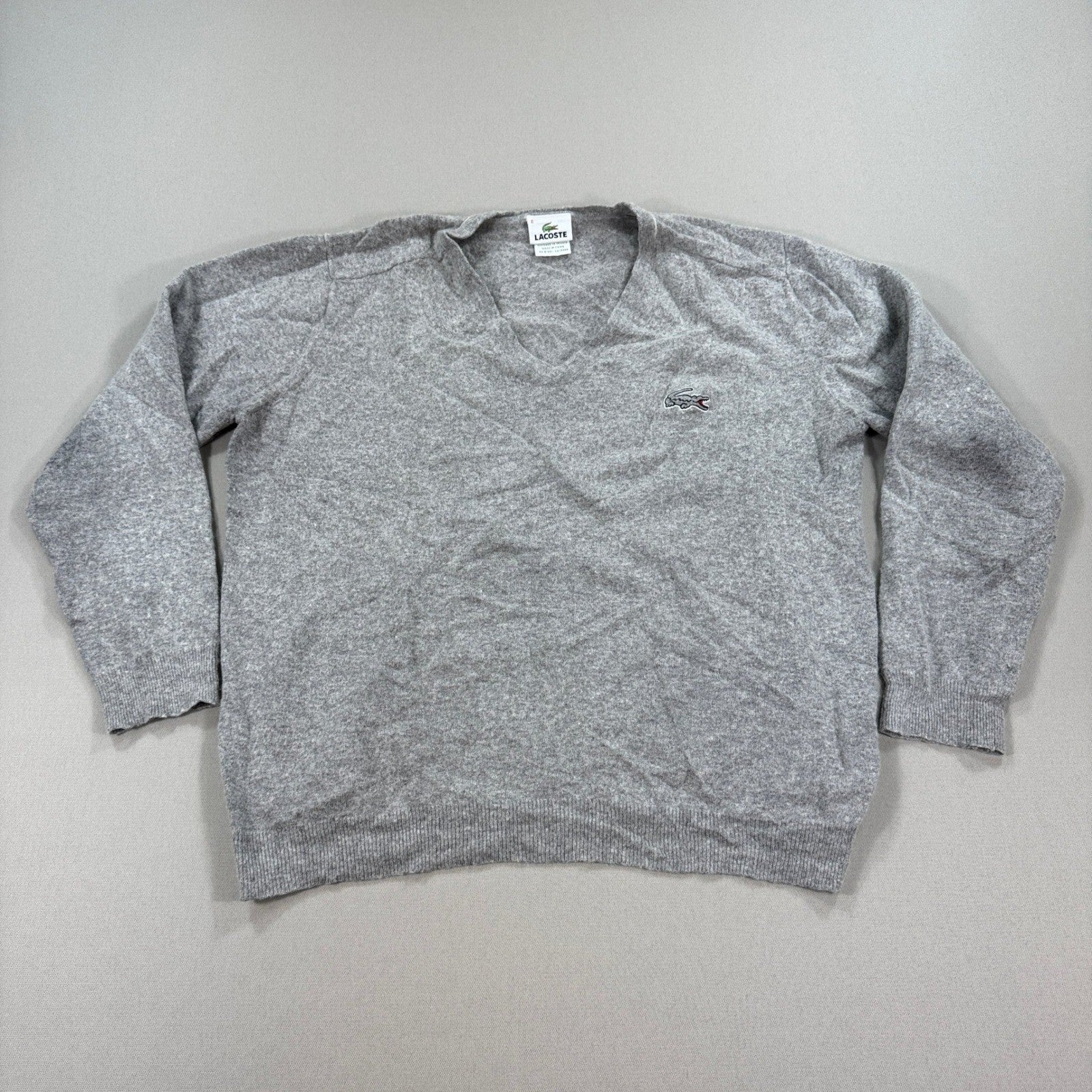 Lacoste V-Neck Sweater mens Size 6 Gray Wool Cashmere Blend Logo Pullover