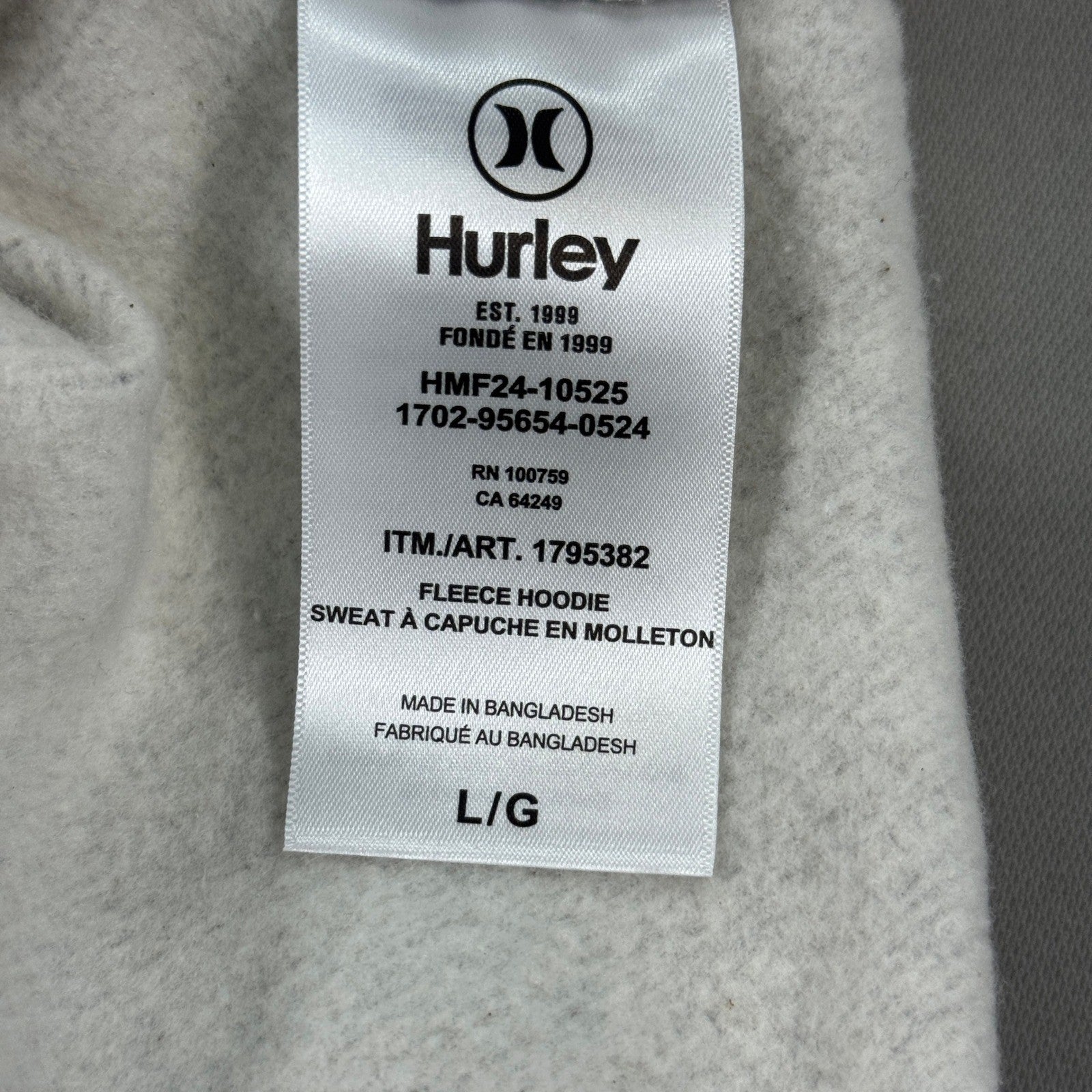New With Tags Hurley Fleece Hoodie Mens Large Gray Sweatshirt Spell Out Pullover
