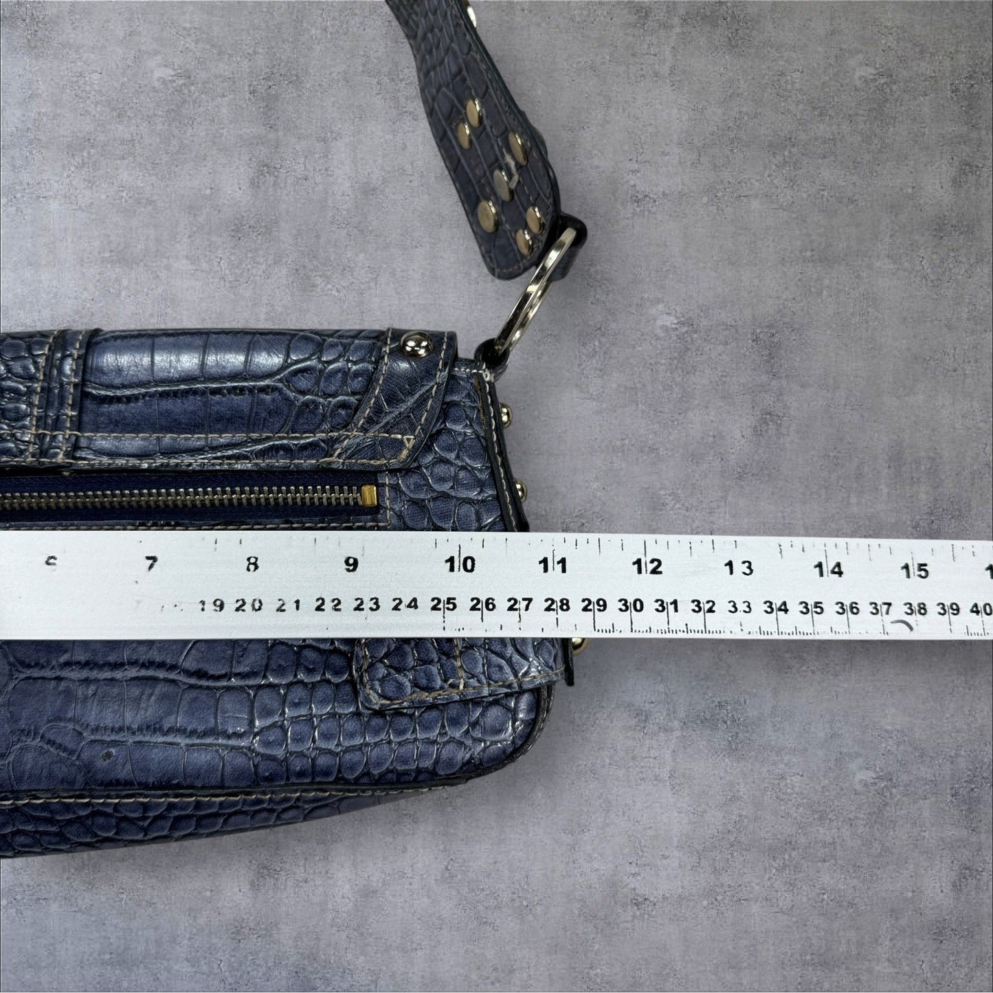 Guess Baguette Shoulder Bag Blue Croc Embossed Stud Detail Large Logo