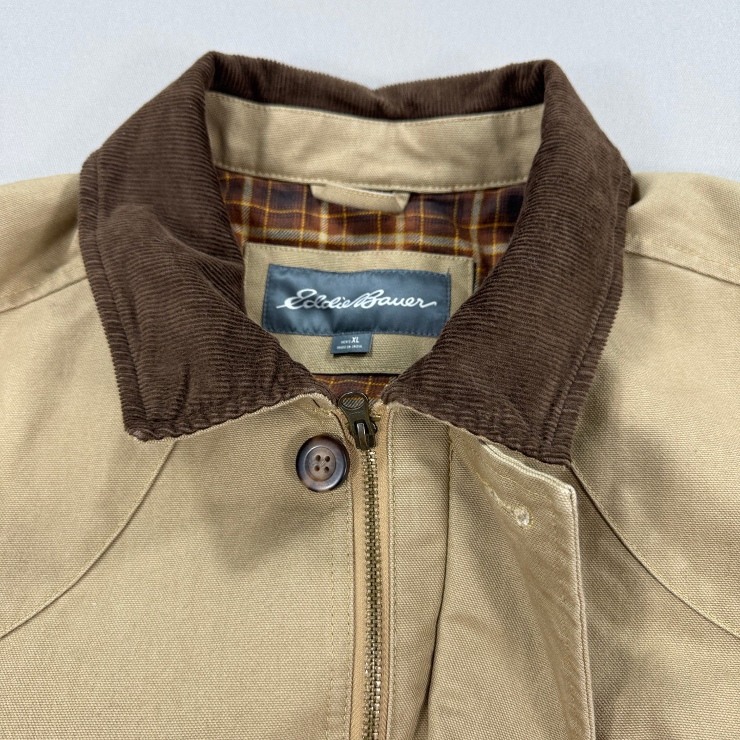 Eddie Bauer Chore Field Jacket mens XL Beige Button Down Lined Corduroy Collar