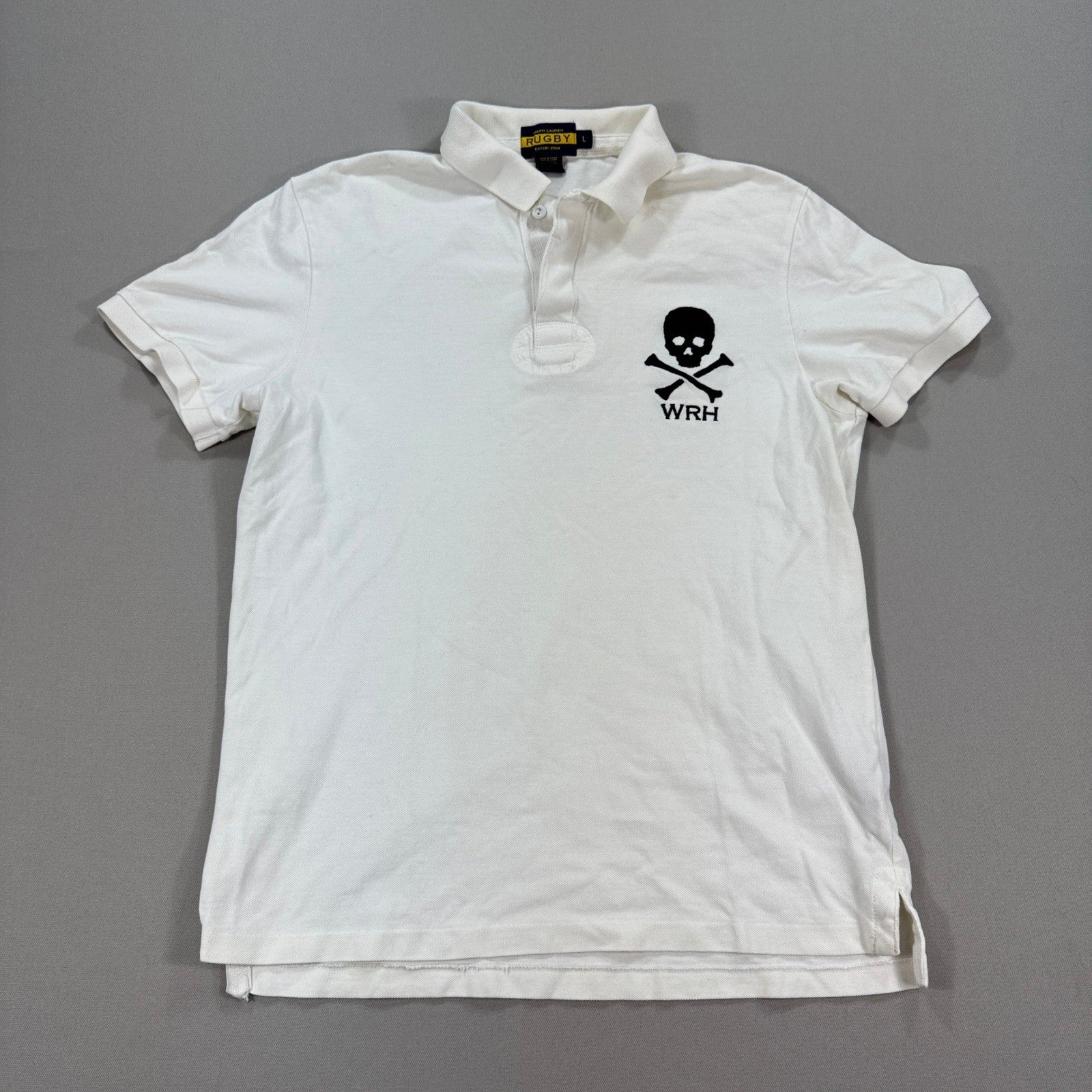 Vintage Ralph Lauren Rugby Skull & Bones Polo Shirt Mens Large White Embroidered