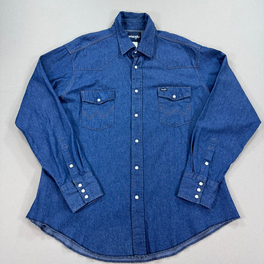 Vintage Wrangler Denim Shirt mens 18x36 Blue Long Sleeve Pearl Snap Western Y2K
