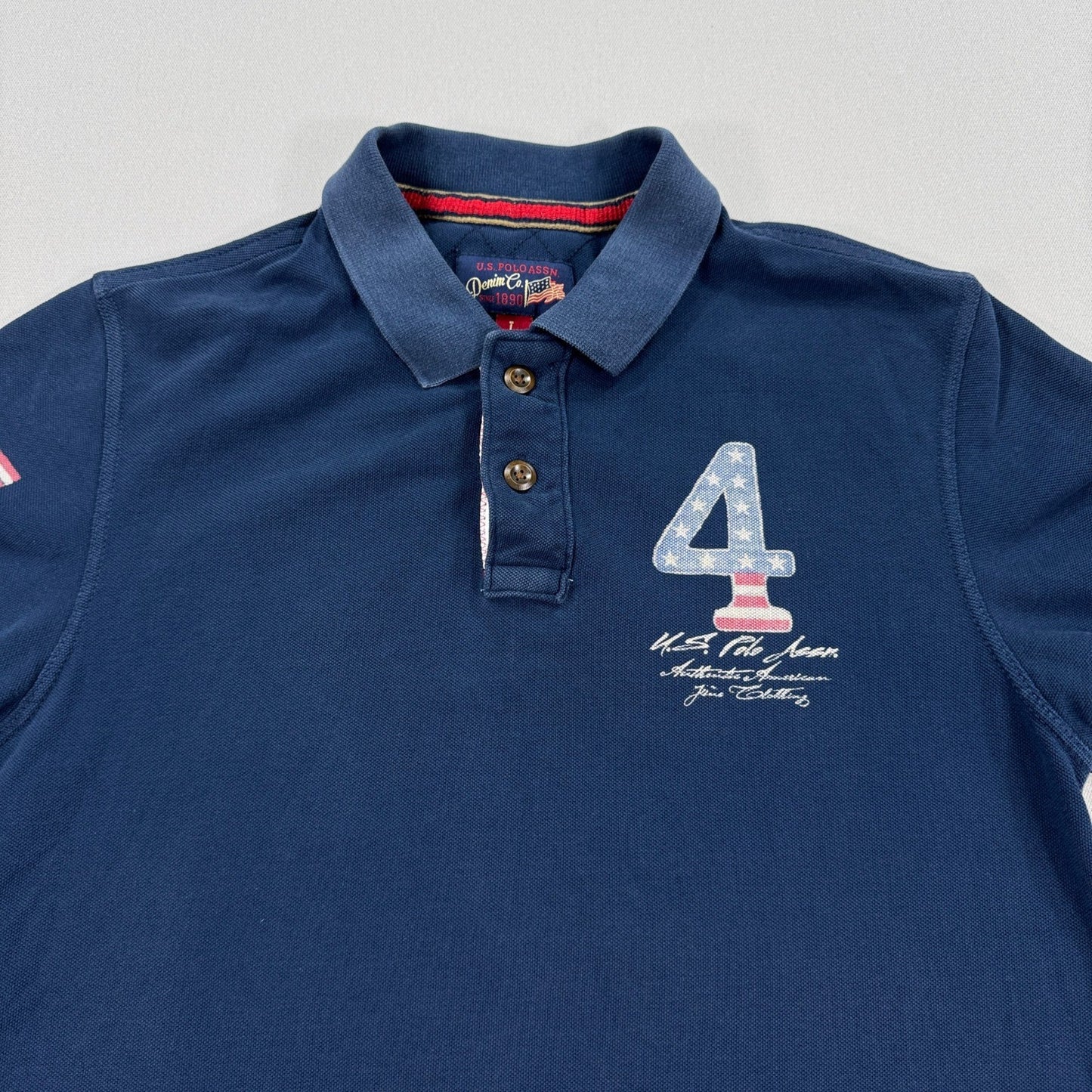 US Polo Assn Polo Shirt Slim Fit USA Flag #4 mens Large Navy Blue Short Sleeve
