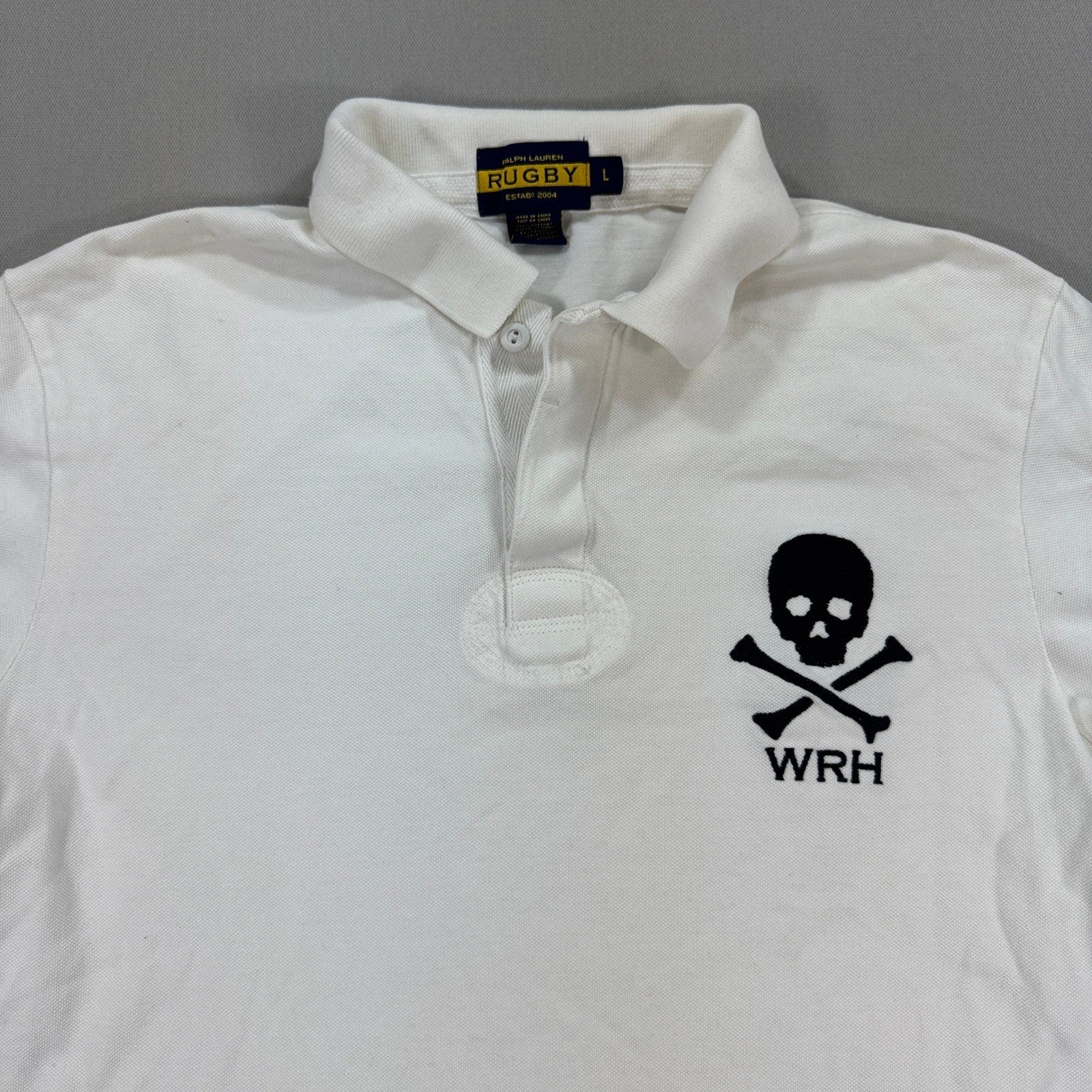 Vintage Ralph Lauren Rugby Skull & Bones Polo Shirt Mens Large White Embroidered