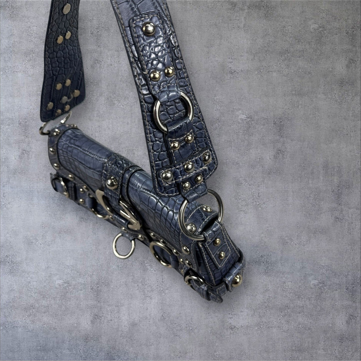 Guess Baguette Shoulder Bag Blue Croc Embossed Stud Detail Large Logo