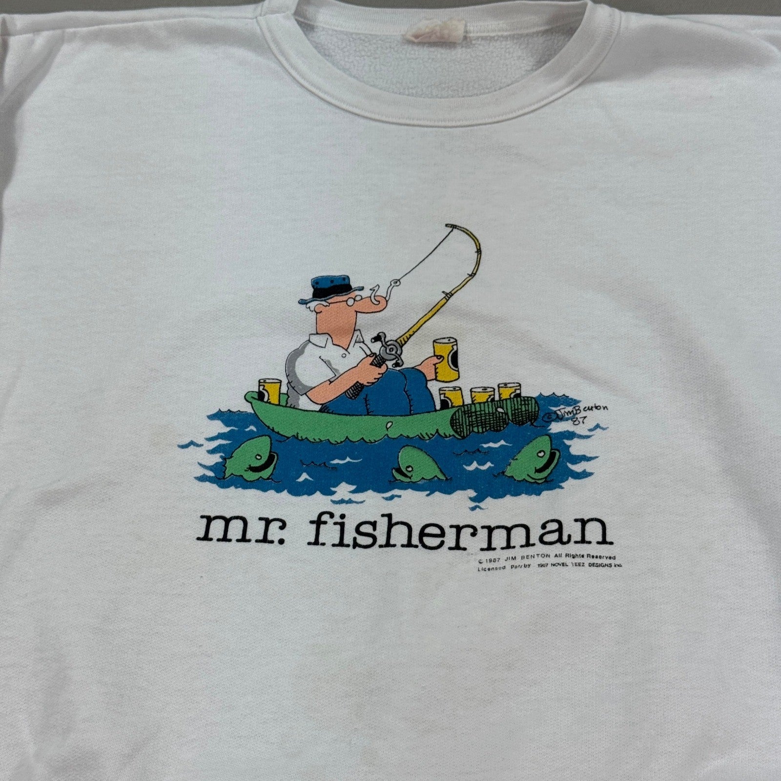 Vintage Jim Benton 1987 Mr. Fisherman Graphic Sweater mens XL White Pullover